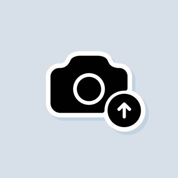 Photo Upload sticker. Picture flat icons. Uploading your photo logo. Camera sign. Vector on isolated background. EPS 10