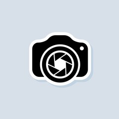 Photo camera sticker. Camera with lens icon. Photography concept. Vector on isolated background. EPS 10