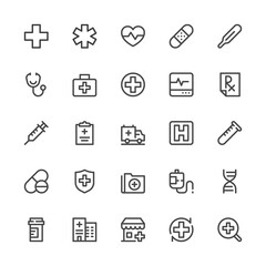 Simple Interface Icons Related to Medicine. Medical Assistance, Hospital, Medical Drugs, Ambulance. Editable Stroke. 32x32 Pixel Perfect.