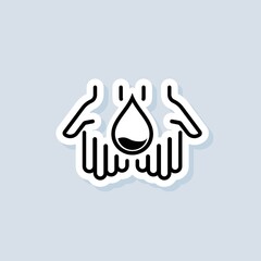 Obraz premium Water drop sticker. Natural aqua. Water drop icon in hand. Saving water is an environmental concept. Vector on isolated background. EPS 10