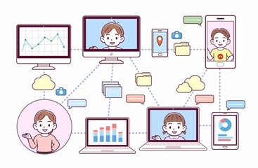 色々なツールを使って会議をする人々