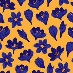 Nature spring seamless pattern with hand drawn crocus flowers. Floral meadow grass design elements for wedding invitations, Easter, Mother and Womens Day Greeting Card, scrapbooking, print, gift wrap