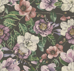 Subtropical flowers. Seamless pattern with azalea, magnolia, camellia and quince painted in watercolor - obrazy, fototapety, plakaty