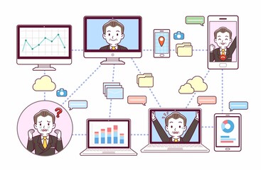 色々なツールを使って会議をする人々