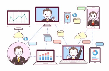 色々なツールを使って会議をする人々