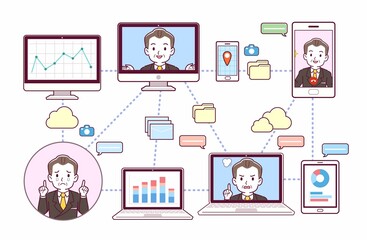 Fototapeta premium 色々なツールを使って会議をする人々