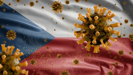 3D, Czechia flag waving with Coronavirus outbreak. Czech Republic Covid 19
