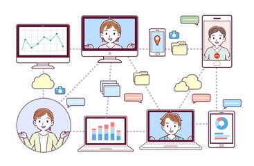 色々なツールを使って会議をする人々