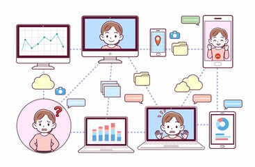 色々なツールを使って会議をする人々