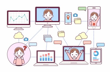 色々なツールを使って会議をする人々