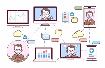 色々なツールを使って会議をする人々