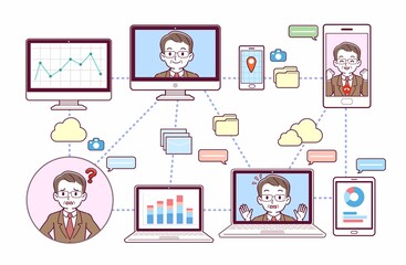 色々なツールを使って会議をする人々