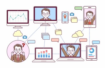 色々なツールを使って会議をする人々