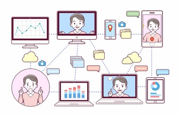 色々なツールを使って会議をする人々