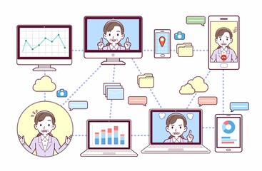 色々なツールを使って会議をする人々