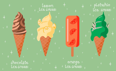  Set of vector ice cream illustrations  isolated on pastel green background, cute cartoon style. Suitable for menu, flyer, ads, sticker and design products.