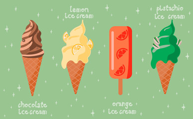  Set of vector ice cream illustrations  isolated on pastel green background, cute cartoon style. Suitable for menu, flyer, ads, sticker and design products.