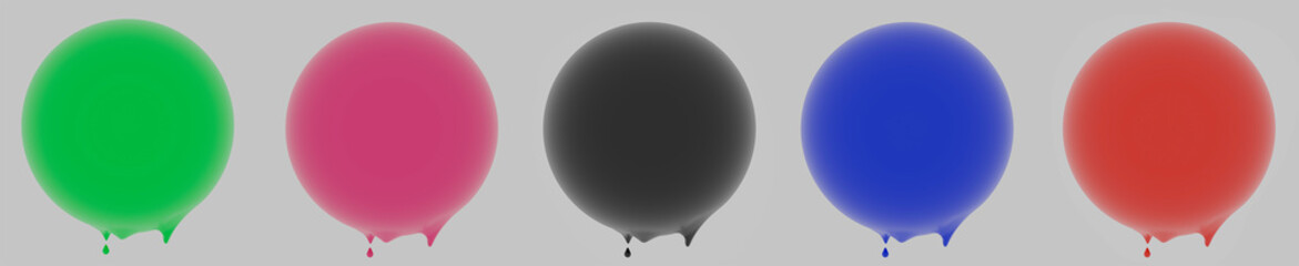 Isolated spheres on a white background. Black, Blue, Red, Yellow, Green