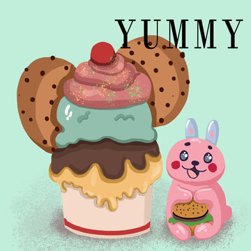 Appetizing illustation, three-tiered, banana-chocolate-strawberry-mint ice-cream with tasty cookies and a cute pink bunny eating a sandwich.