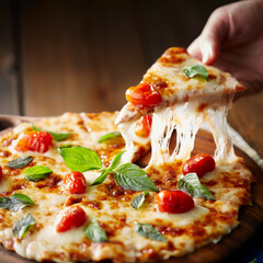 Pizza Margherita on black stone background, top view. Pizza Margarita with Tomatoes, Basil and...