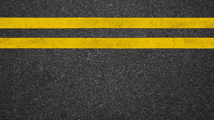 Surface grunge rough of asphalt, Dark grey with double yellow line on the road and small rock,...