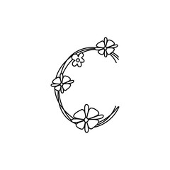 Vintage floral bold Letter C logo spring. Classic Summer Letter Design Vectors with Black Color and Floral Hand Drawn with monoline line flowers