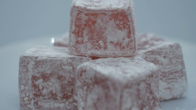 A close up view of pink Turkish delights in Ramadan.