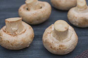 Fresh champignon mushrooms lie on a gray wooden table.