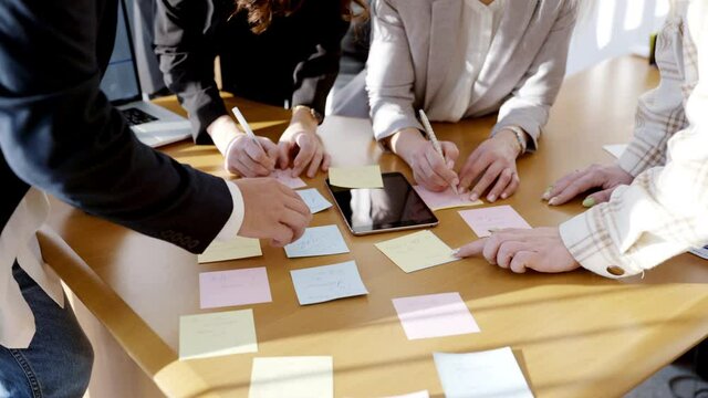 Office scene of group discussion of upcoming project. Young managers having kind of kanban board on desk, distributing roles and responsibilities. Concept of brainstorm, teamwork.