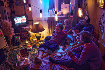 Group of friends sitting on the floor and watching TV in dark room decorated with lights during domestic party