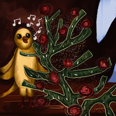 Cute bird illustration.Sweet, yellow bird watching an unusual plant, which publishes an interesting spirit of fragrance.