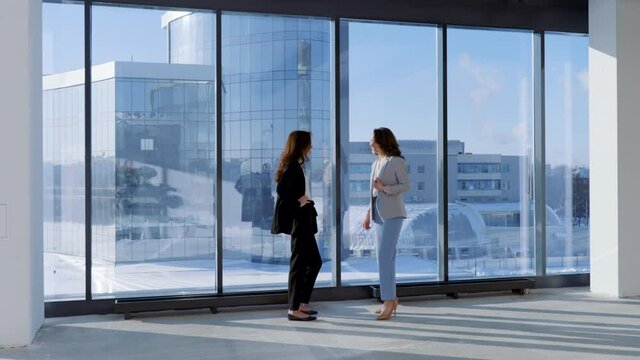 Portrait of two busineswoman in office standing in front of office buildings behind the window. Coworkers discussing upcoming project. Concept of teamwork, interaction, deal, cooperation.