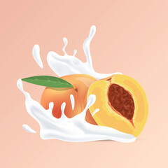 Fresh juicy whole and half sliced peach and splash of white liquid cartoon illustration isolated on peach background. Natural yogurt, cosmetic product based on tropical fruits vector concept.