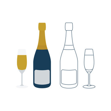 Champagne bottle and glass. Flat and outline drawing illustrations set.