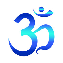 Ancient Hindu mantra OM (AUM). Yoga symbol in blue. Gradient design. Vector illustration.