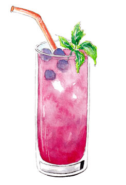 Hand drawn watercolor Cocktail. Mixed non-alcoholic drink