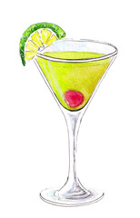 Fototapeta na wymiar Hand drawn watercolor Cocktail. Mixed alcoholic drink