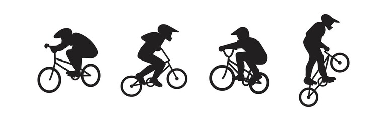 A set of mountain biking sportsmen silhouettes . Collection of cyclists performing stunts. Jumping and somersault guys with mountain bikes. Flat style vector design illustrations.