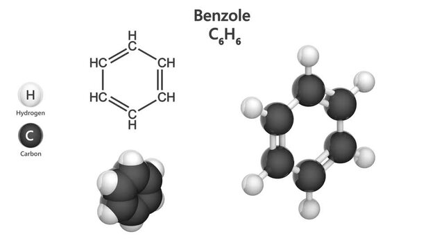 C6H6, benzol (benzene) molecule. Chemical structure model: Ball and Stick + Space-Filling. 3D render. Seamless loop. Isolated on white background.