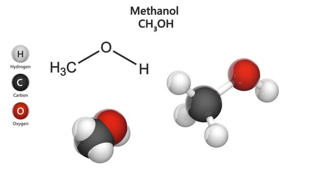 Methanol, also known as methyl alcohol among others, is a chemical with the formula CH3OH (MeOH). Chemical structure model: Ball and Stick + Space-Filling. 3D render. Seamless loop.