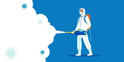 Virus disinfection concept. A man in a protective suit and mask spraying disinfectant to disinfect viruses. Vector İllustration