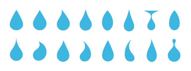 Water drop blue icon shape. A set of drops for the design. Element of nature. Natural clean water from lakes. A drop in the sea and in the ocean. - obrazy, fototapety, plakaty