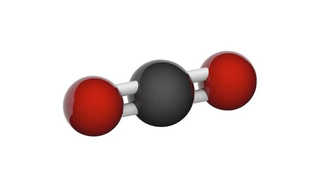 Carbon dioxide (CO2) is a colorless, odorless gas. It is formed in the process of breathing. Chemical structure model: Ball and Stick 3D render. Seamless loop. White background.