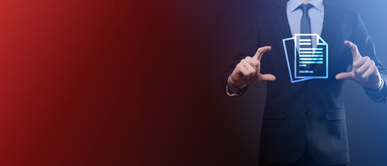 Businessman man holding a document icon in his hand Document Management Data System Business...