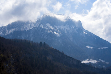 Alp Stoos seen from village Brunnen. Photo taken April 14th, 2021, Brunnen, Switzerland.