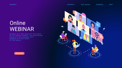 Chat with friends online. Collective virtual meeting and group video conferencing. Online WEBINAR, training. Virtual debate. Isometric picture with small figures of people. 