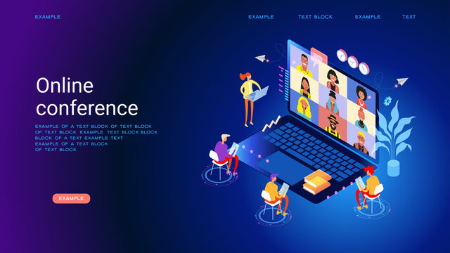 Chat with friends online. Collective virtual meeting and group video conferencing. Online WEBINAR, training. Virtual debate. Isometric picture with small figures of people. 