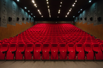 An empty cinema room with red velvet seats. Empty cinema. - obrazy, fototapety, plakaty