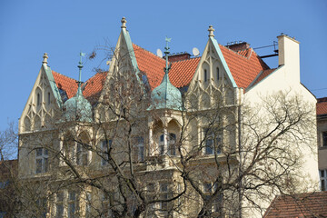 Naklejka premium Old historic buildings on Divadelni (Theatric) Street in Prague, Czech.
