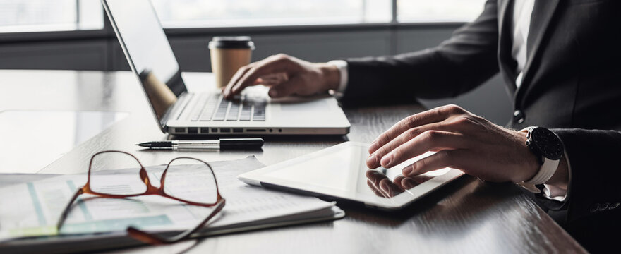 Man Hands Typing On Computer Keyboard Closeup, Banner, Businessman Or Manager Using Laptop, Internet Marketing, Office Workplace, White Collar Worker, Entrepreneur Concept